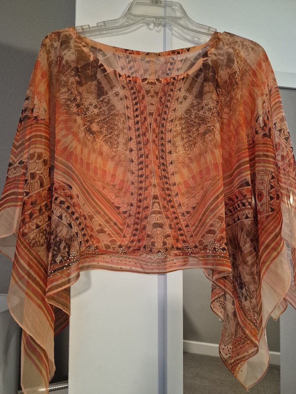 Sheer Orange Patterned Women's Top - Lightweight Boho Blouse - Picture 2 of 5